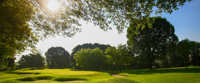 Sunlit golf course with rolling greens, sand bunkers, and large trees surrounding the fairway.