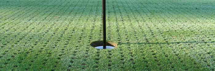 Close-up of a golf putting green with a flagstick in the cup and visible aeration holes across the turf.